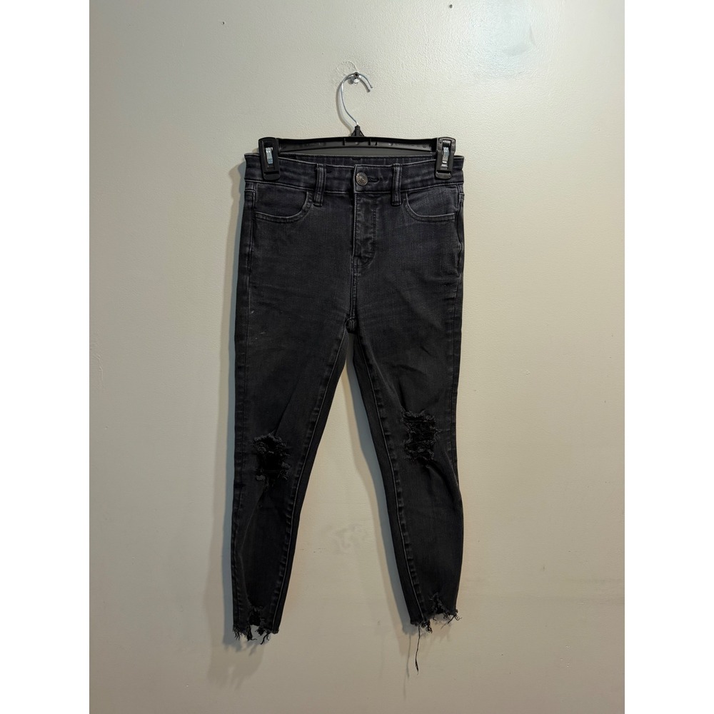 American Eagle Dream Jean Skinny Distressed Black Frayed Hem 0 X-Short Womens